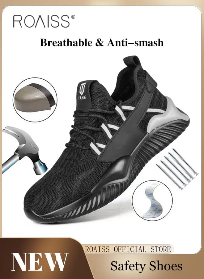 Fly Woven Labor Protection Shoes for Men Anti-Smash and Puncture Work Safety Shoes Mens Non-slip Breathable Ultra Light Weight Sneakers Casual Lace up Front Low Top Outdoor Sports Shoes Black