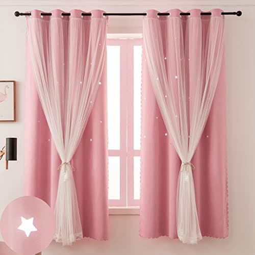 Ftinala Pink Curtains for Girls Room- Aesthetic Star Cutout Blackout Double Layer with Sheer Overlay, 63 Inch Length 2 Panels Kids Bedroom Curtain Cute Nursery Decor Drapes