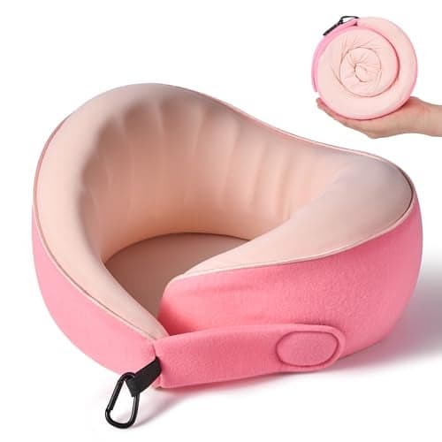 KPNEOL Travel Pillow 100 Pure Memory Foam Travel Neck Pillow Airplane Neck Support Ergonomic Design for Traveling Suitable for AirplanesOffices and CarsCooling Silk Pink