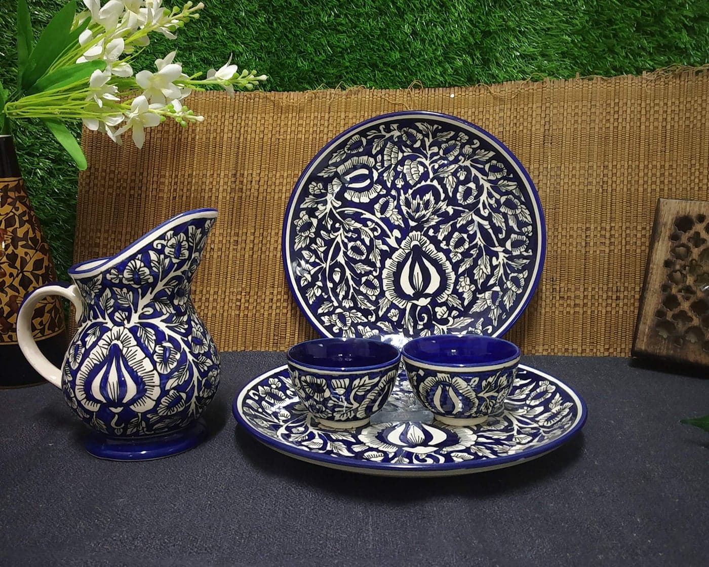 Caffeine Ceramic Handmade Blue Mughal Combo Dinner Set (5 pcs.)