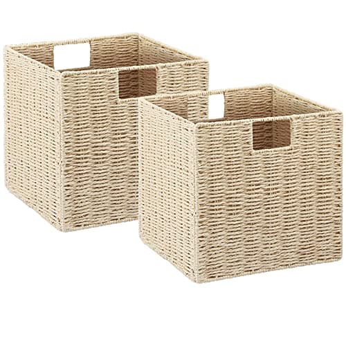 Vagusicc Wicker Storage Basket Set of 2 HandWoven Storage Baskets for Shelves with Handles Foldable Cube Storage Baskets Bins Organizer 9 inch Wicker Baskets for Pantry Bedroom Decor Beige