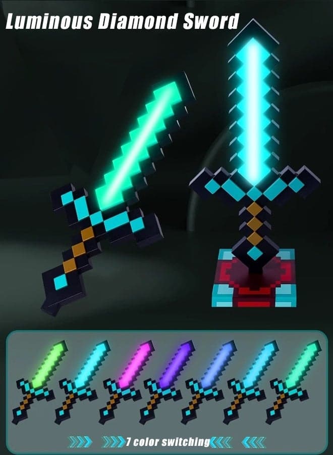 Luminous Diamond Sword - LED Light-Up Toy Sword with Flashing Effects, Kids Role-Play Sword, Luminous Diamond Design for Cosplay & Pretend Play, Safe Plastic Sword for Boys & Girls Ages 3+ - for Birthday Parties, Halloween & Gaming Themed