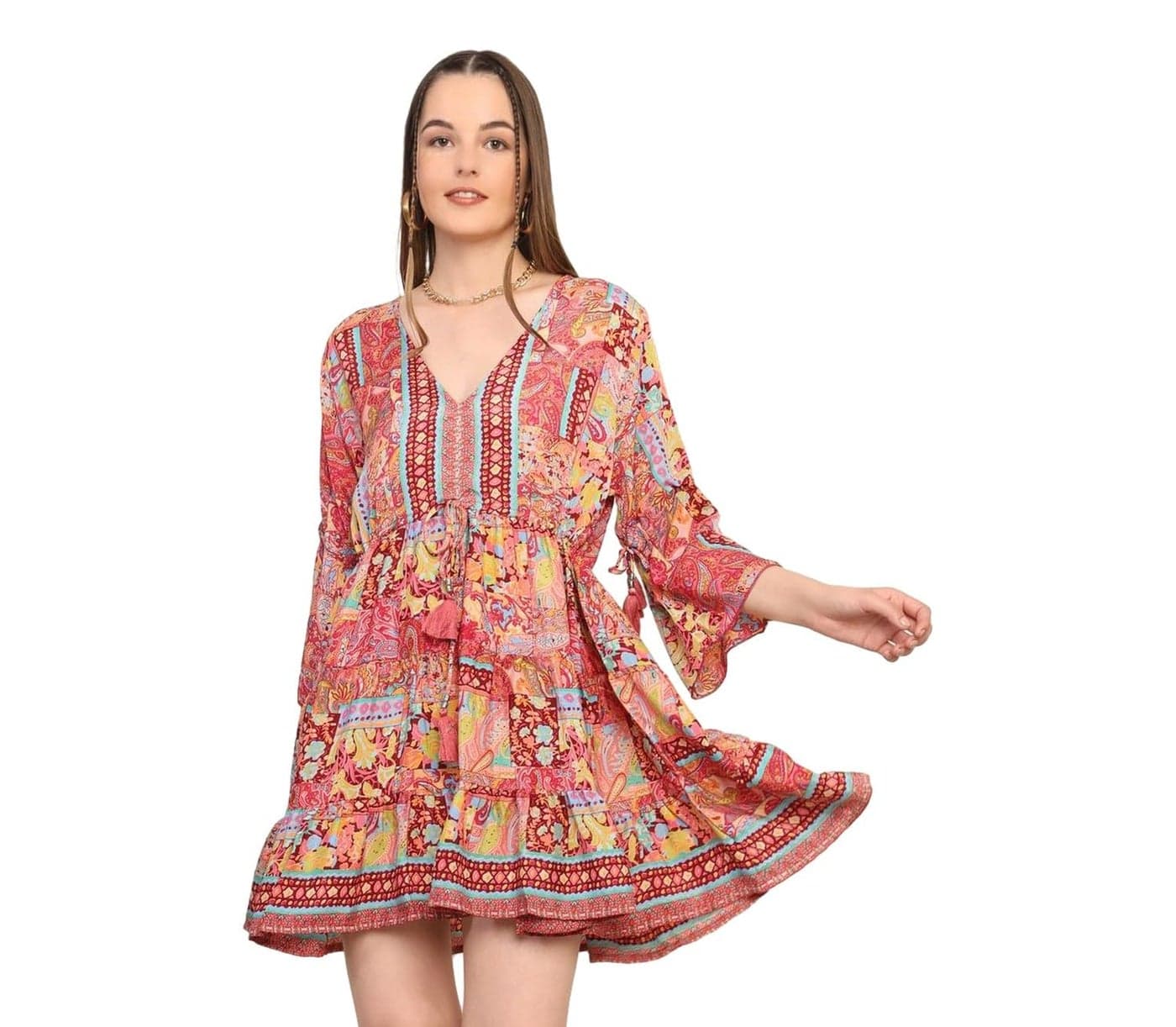 KE KANHA EXPORTS Dress for Woman Western Short|Beach Wear Dress for Women|Boho Border Print Flared|Multicolor|Adjustable Drawstring Tassel|Soft Silky Premium Feel|S-M-L (4382)