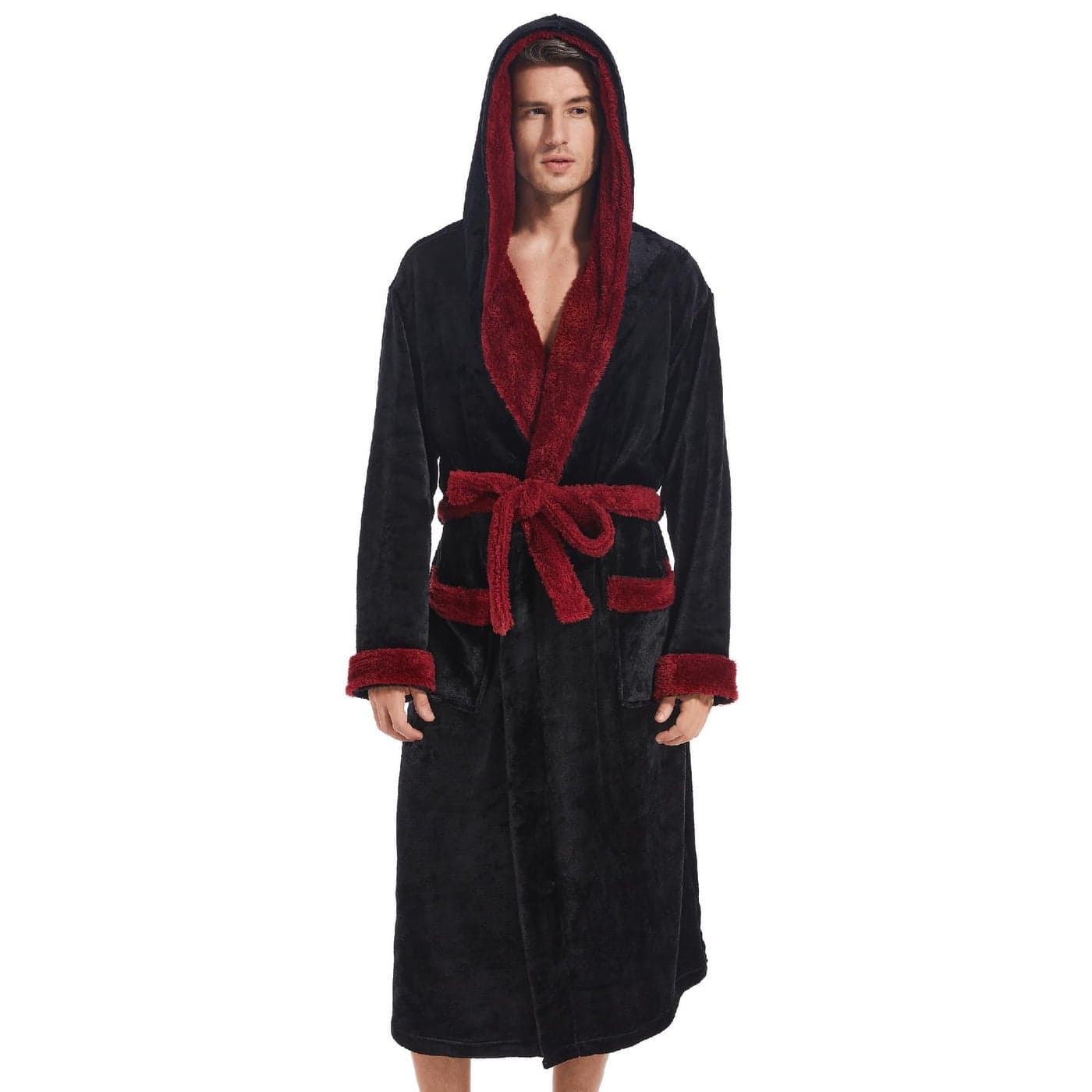 Inner Wish Mens Hooded Robe Plush Long Bath robes Cozy Warm Bathrobe Fuzzy male Spa Robe With PocketsBLACKBURGUNDY SM