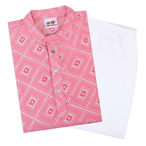 superminis Boys Silver Foil Printed Cotton Kurta Set, Round Collar, Full Sleeves With Pyjama (Pink,White 4-5 Years)