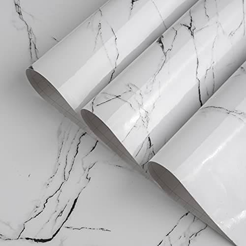 TOTIO Black and White Marble Wallpaper Glossy Thicken 16x708in Granite Look Waterproof Wall Paper Rolls Peel Stick Countertop Contact Paper DIY Adhesive Furniture Stickers Kitchen Table Vinyl Wrap