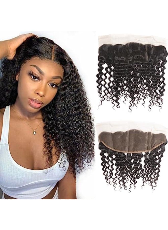 Odir 13x4 Lace Frontal Deep Wave Human Hair 180 Density Unprocessed 9A Deep Curly Virgin Hair 13x4 Ear to Ear Lace Closure Frontal with Baby Hair Natural Color 18 Inch