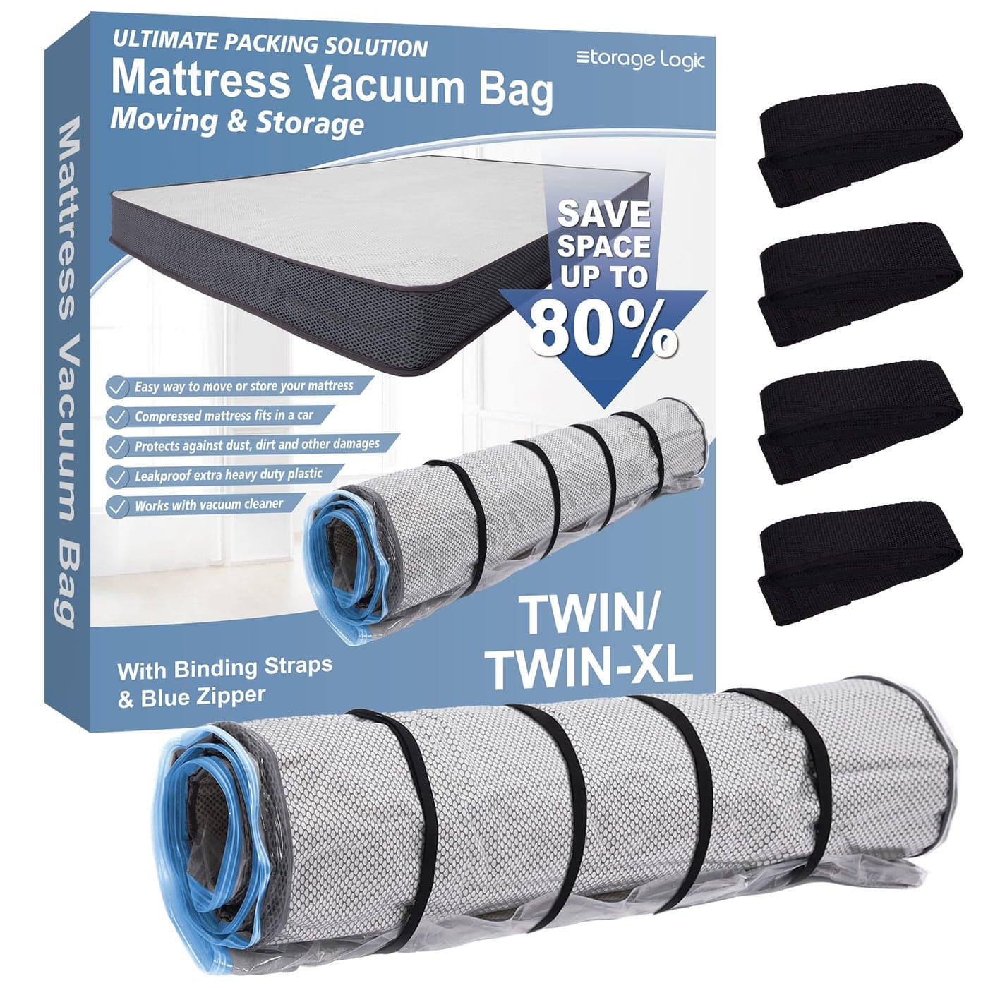 Storage Logic TwinTwinXL Foam Mattress Vacuum Bag with Blue Zipper Vacuum Seal Mattress Bag Straps Included