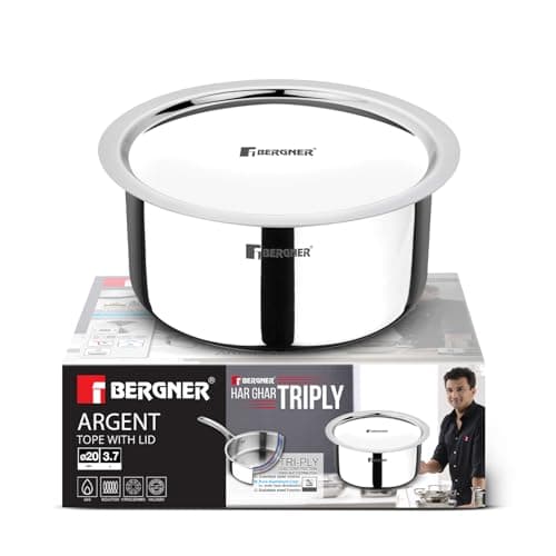 Bergner Argent Triply Stainless Steel 20cm (3.7 L) Tope with Stainless Steel Lid, Topia/Patila with Lid, Flared Rim, Healthy Cooking, Non-Toxic, Food Safe, Durable - Induction and Gas Stove Ready