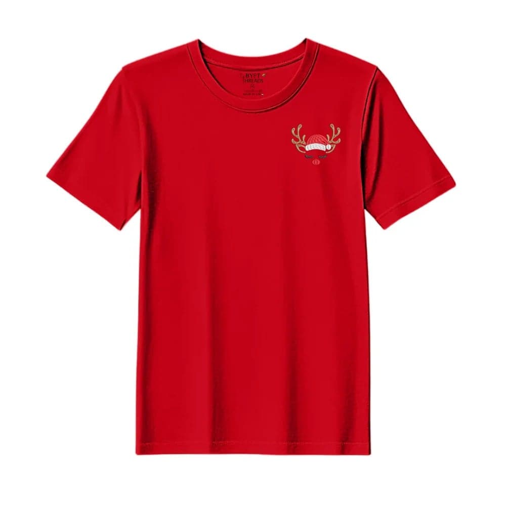 Threads Medium Red Polycotton T-Shirt - Christmas "Sleeping Reindeer Face" Embroidered Design, Premium Holiday Collection