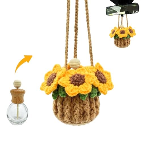 Crochet Car Air Freshener, 15ml Empty Refillable Oil Diffuser Bottle with Hanging Crochet Sunflower for Car Rearview Mirror Decor Air Freshener Diffuser for Home, and Office Decor(Sunflower)