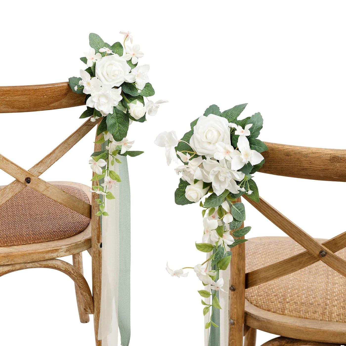 Lings Moment 8pcs Wedding Artificial Aisle Pew Flowers Chair Decorations White Sage Green Arrangements with Chiffon Ribbons for Ceremony Chair Back Floral Reception Church Party Outdoor