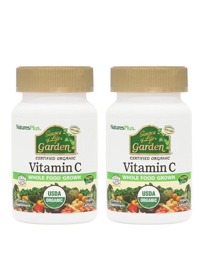 NaturesPlus Source of Life Garden Vitamin C - 60 Vegan Capsules, Pack of 2 - Immune System Support - Certified Organic, Non-GMO, Gluten Free - 60 Total Servings