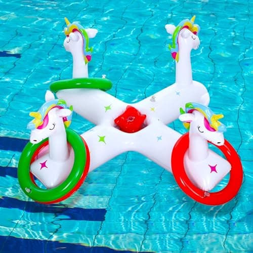 ShinyRelief Unicorn Inflatable Pool Ring Toss 2in1 Floating Unicorn Swimming Pool Supplies with 6 Rings 2 Bean Bags 1 Pump for Adults and Family Summer Party Hawaii Party Beach Backyard