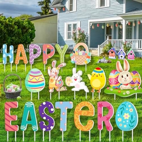 18 PCs Easter Decorations Happy Easter Yard Signs with Stakes, Giant Modern Multi Colored Plastic Yard Signs, 15 x 11.1 Inches, Stake Mount, Weatherproof, Reusable