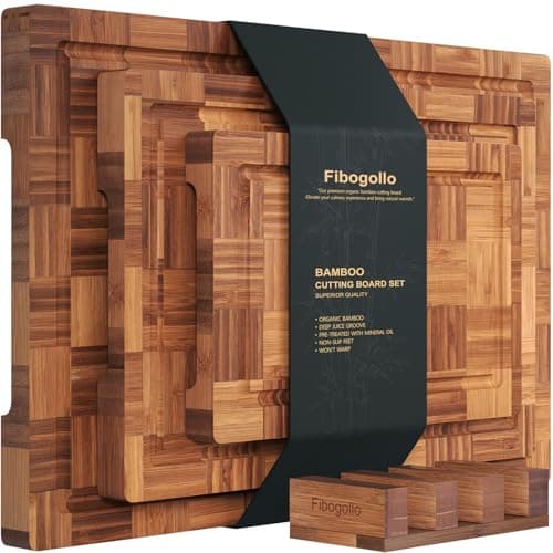 Fibogollo Bamboo Cutting Boards for KitchenChopping Boards Set with Juice GrooveEnd Grain Bamboo Butcher BlockServing Board with Holder3 Pcs