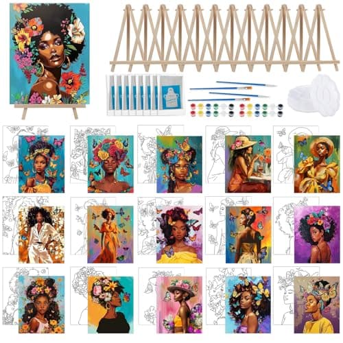 Tenceur 16 Sets Pre Drawn Canvas to Paint for Sip and Paint Party, 8 x 10 Inch Preprinted Framed Pre Sketched Coloring Canvas with Easels and Brushes for Adults Party Supplies(Flower)