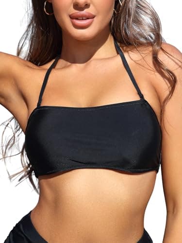 SHEKINI Womens Bandeau Bathing Suits Removable Strap Halter Bandage Bikini Tops Swimsuit (Top Only - Black, Medium)