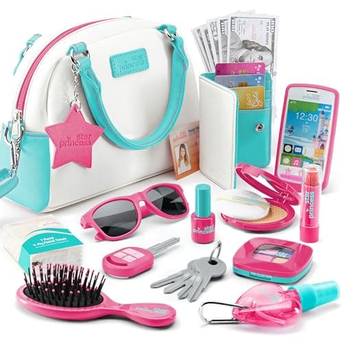 Little Girls Play Purse Pretend Play Accessories Toy Phone Wallet Credit Cards Keys Makeup for Role Playing Ages 38