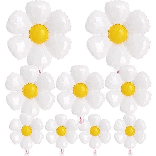 9 Pieces Large Daisy Flower Balloons Set 3 Sizes White Flower Shaped Aluminum Foil Balloon for Daisy Birthday Decorations Baby Shower Wedding Groovy Boho Daisy Party Supplies