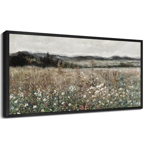 SHENIFY Vintage Landscape Framed Wall Art Meadow Flowers Farmhouse Decor Retro Classic Painting for Kitchen Bedroom Living Room Bathroom - 8x16in Black Framed