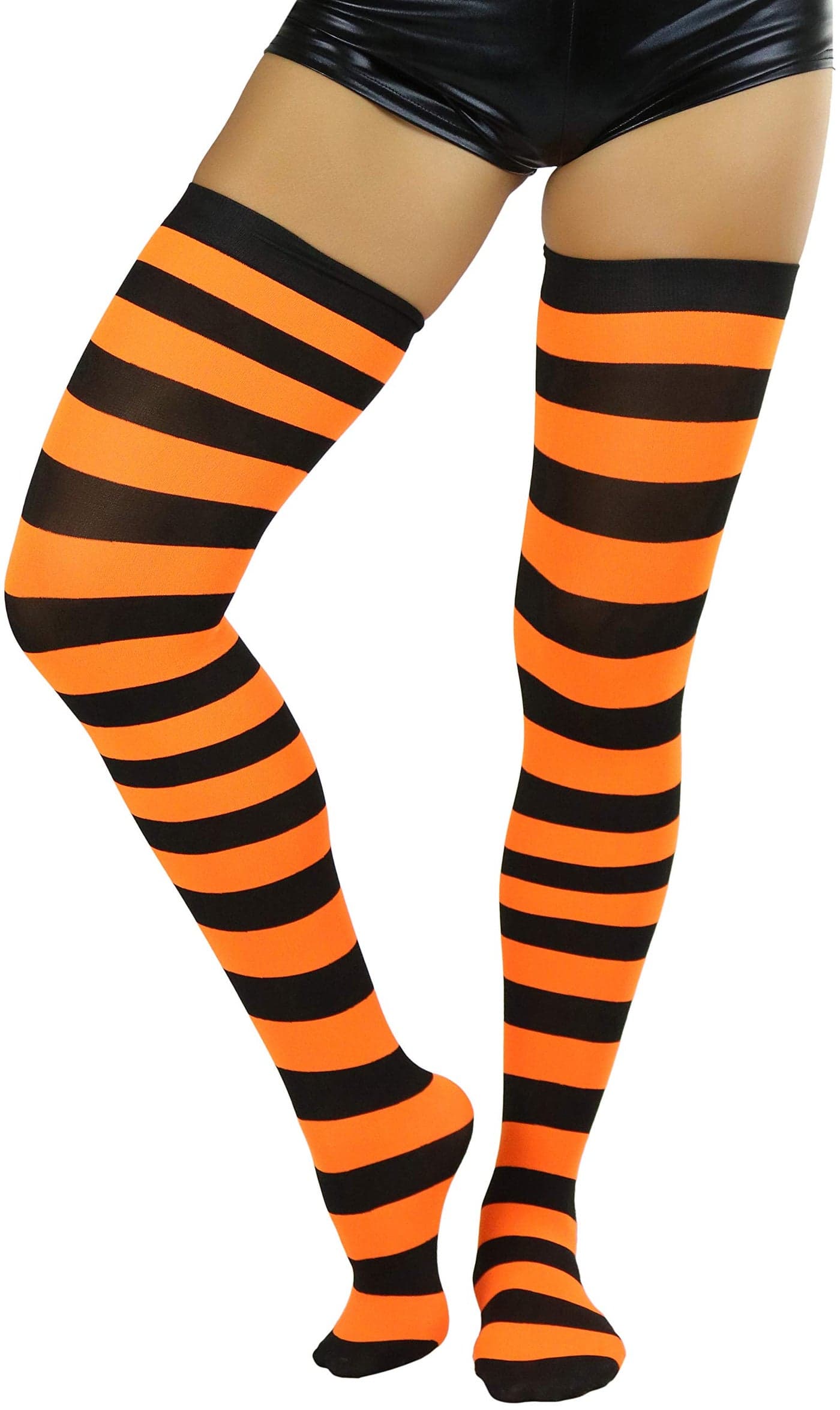 ToBeInStyle Women’s Vibrant Horizontal Wide Striped Thigh High Stockings - Black/Neon Orange