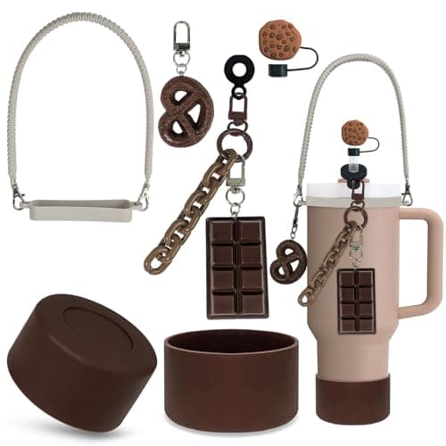 VirgoCCY 5PCS Chocolate Stanley Cup Accessories Set 30&40 Oz, Includes 1 Silicone Boot, 1 Handle Strap, 1 Straw Covers, 2 Cute Charms, Brown/Chocolate