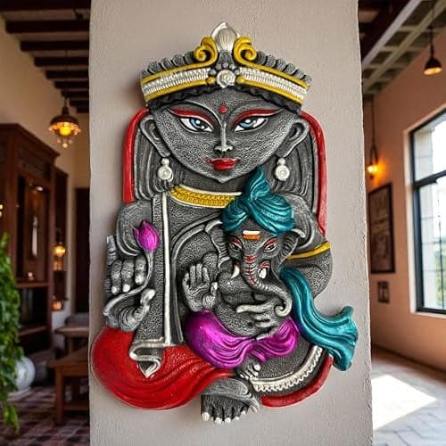 Sajawa Maa Durga with Ganesh Murti-Janani-Terracotta-Clay-Idol-Sherawali-Devi MATA Murti-Figurine-Painting for Temple-Mandir-Home-Office Decoration-Gifting-Spiritual Wall Hanging Decor (H:29|B:19 CM)