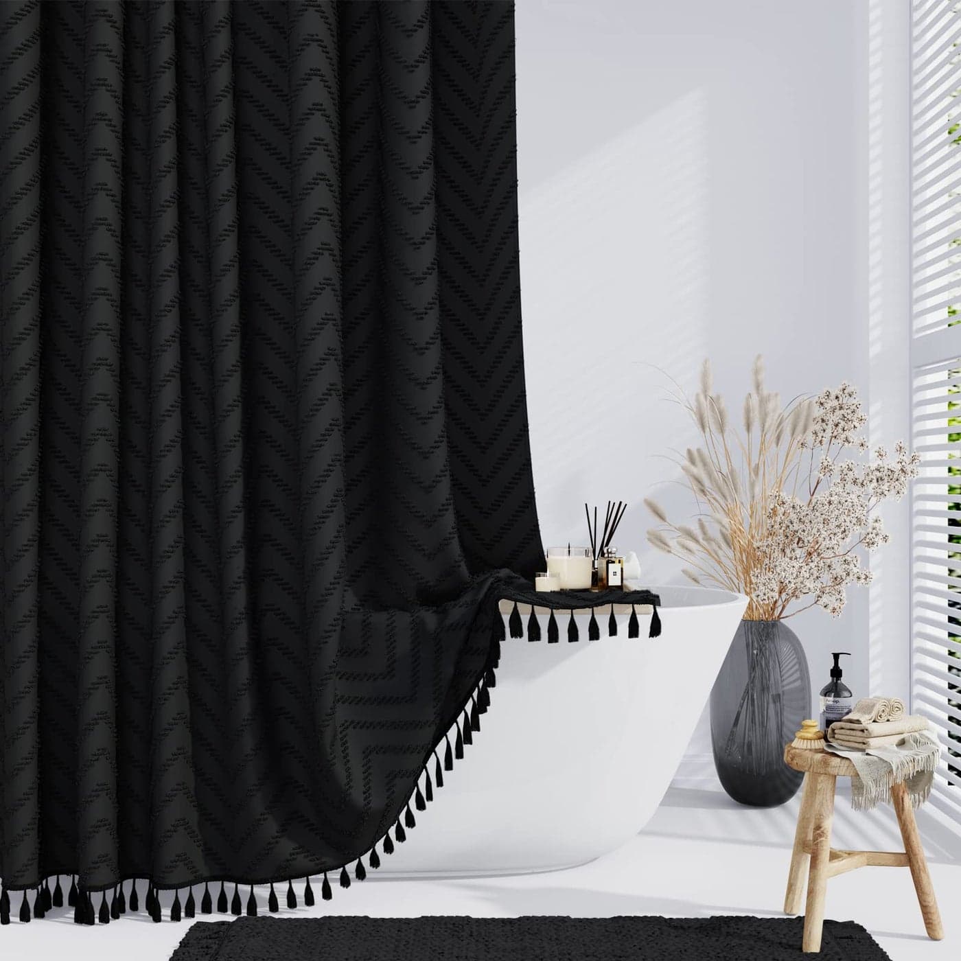 Dynamene Boho Farmhouse Shower Curtain Black Fabric Tufted Chevron Striped Textured Tassel Shower Curtains for Bathroom Water Repellent Minimalist Ruffled Cloth Shower Curtain Set with Hook 72x72