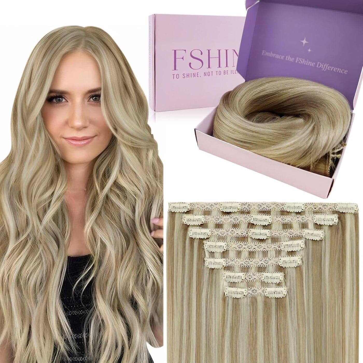 Fshine Clip in Hair Extensions Real Human Hair Extensions Clip in Dark Ash Blonde Highlighted Golden Blonde Remy Hair Clip in Hair Extensions 18 Inch 120g 7Pcs