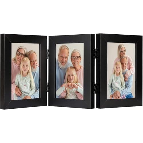 Frametory, 4x6 Triple Picture Frames 3 Photo Frames Collage - Real Glass - Engineered Wood Triple Folding Frame - Tabletop Vertical Display (Black, 1 Pack)