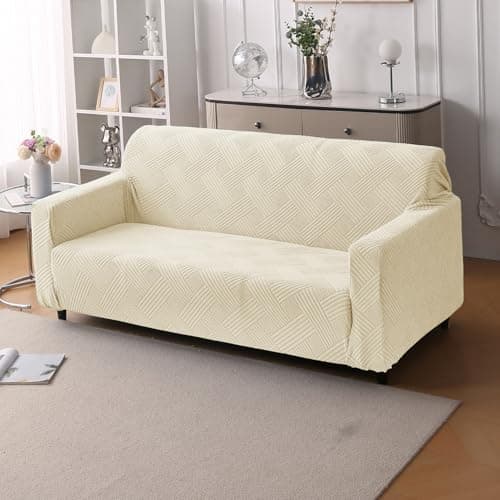 House of Quirk Stylish Jacquard Fabric 220 GSM Sofa Cover – Soft, Stretchable Couch Slipcover, Flexible Fit, Wrinkle-Resistant & Easy to Clean (Beige, One Seater)