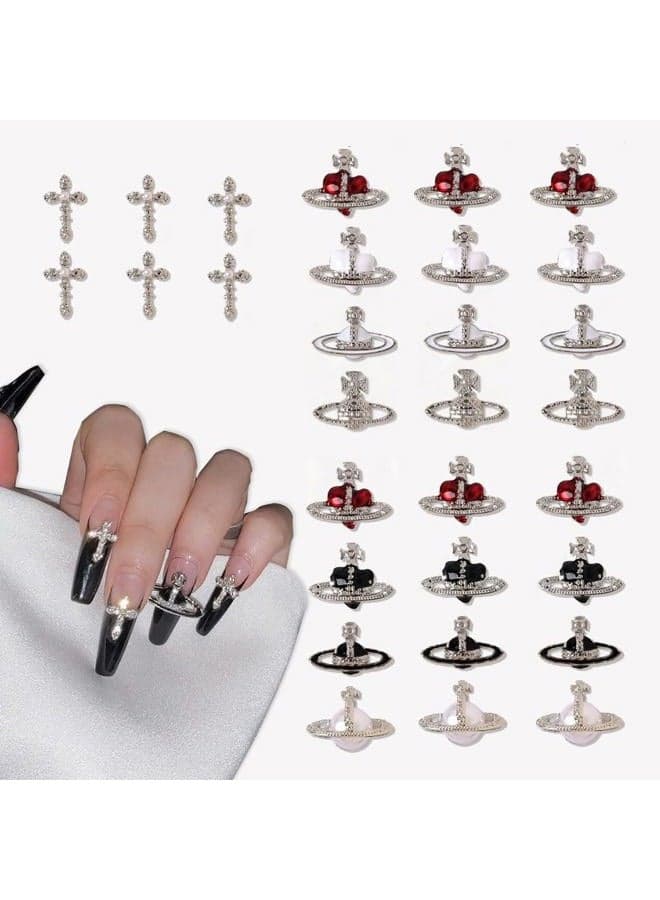 30 PCS Heart Planet Nail Art Charms Rhinestones,Red Black White 3D Cross Nail Art Supplies Saturn Shape Design Nail Gems Shiny Nail Jewelry Acrylic Accessories for Women Nail Decorations