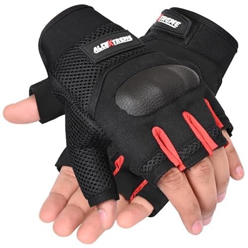 Allextreme Half Finger Riding Gloves for Bikers Strong Knuckle Protection Abrasion Resistance & Breathable Mesh Bike Hand Glove for Motorcycle Cycling Hiking Climbing Mountaineering (Black Red, XXL)