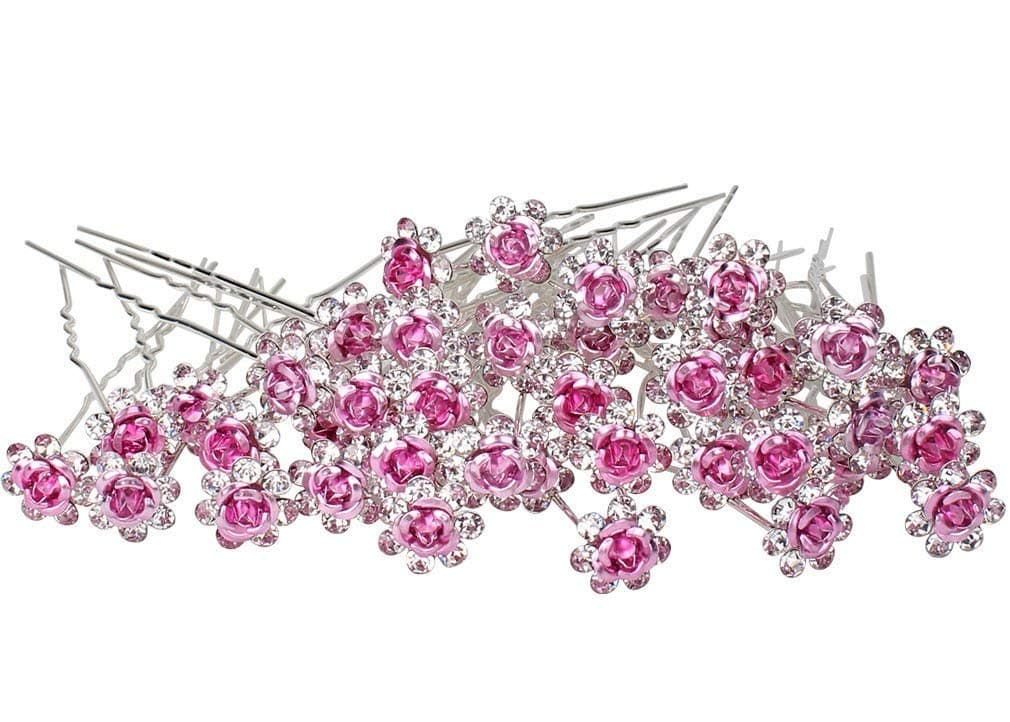 40 Pieces Rose Flower Rhinestone Hair Clips Crystal Hair Pins for Bridal Wedding Party Daily Life Women and Girls Hair Jewelry Acessories with Storage Bag Pink