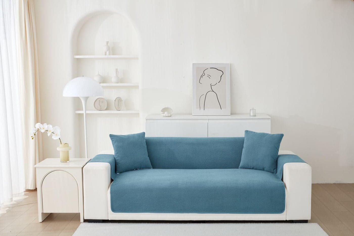 HOMETHREADS Premium Style Anti Slip Sofa Cover Set | Polyester Sofa Slipcover | 1Pc Front Cover with Attached Armrest + 1Pc Back Cover (Blue, 3 Seater | 176x175cm)