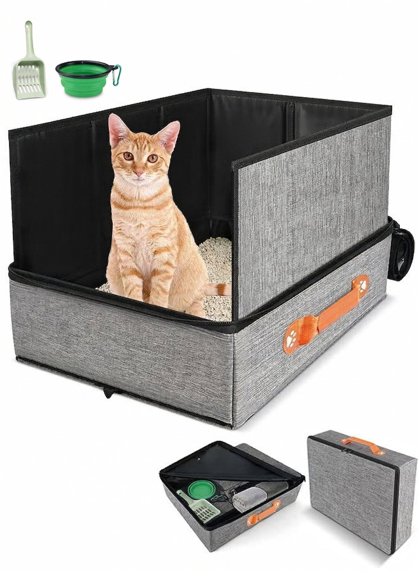 17.7 * 13.5 * 13.75" Travel Litter Box for Cats, Collapsible Cat Litter Box with Lid, Portable Cat Box with Zipper & Hard Bottom, Leak-Proof Kitty Litter Pan for Car Hotel Airplane, Water-Resistant