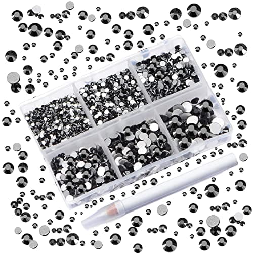 AD Beads 4300 Pieces Flat Back Nail Art Rhinestones Round Beads 6 Sizes (2-6.5mm) with Storage Organizer Box,Rhinestones Picking Pen for Nail Art Phone Decorations Crafts DIY (Black)
