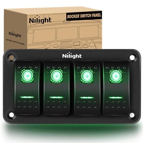 Nilight 4 Gang Rocker Switch Panel 5Pin On Off Toggle Aluminum Holder 12V 24V Dash PreWired Green Backlit Switches for Automotive Cars Marine Boats RVs Truck