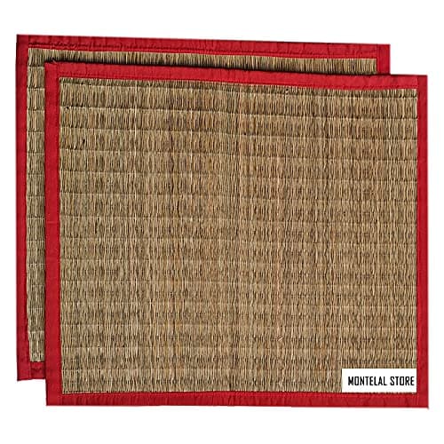 Montelal Store Korai Grass Sitting Mat | Set Of 2| Rectangular Pooja Mat For Sitting (Red, Korai Grass, Jute Threads, 20 X 23 Inches)