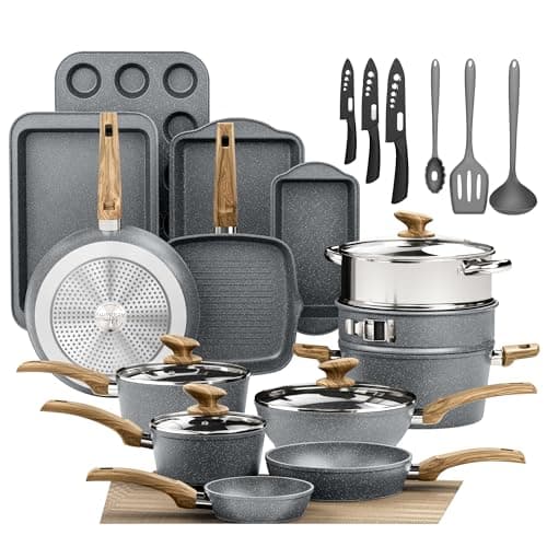 DishDelight Induction Pots and Pans Set Non Stick, 30 Piece Nonstick Kitchen Cookware Sets, Nonstick Granite Cooking Set Induction Pots and Pans, Grey