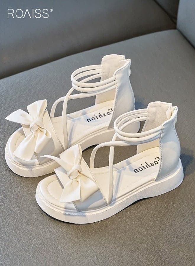 Girls Summer Sandals with Zipper Closure, Open Toe High Top Sandals, Versatile Comfortable Flat Shoes with Bowknots, Breathable Non-Slip Dress Sandals for Girls, Suitable for Daily Wear and Outdoor Activities