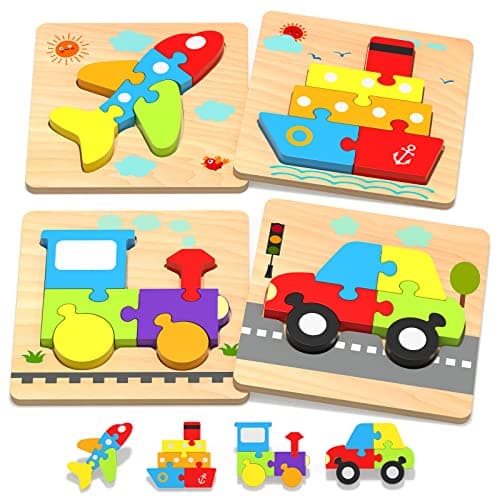 Yetonamr Wooden Toddler Puzzles Gifts Toys for Boys Girls 4 Vehicle Shape Montessori Toy Educational Blocks Kids Toys Gift Baby Learning Toy