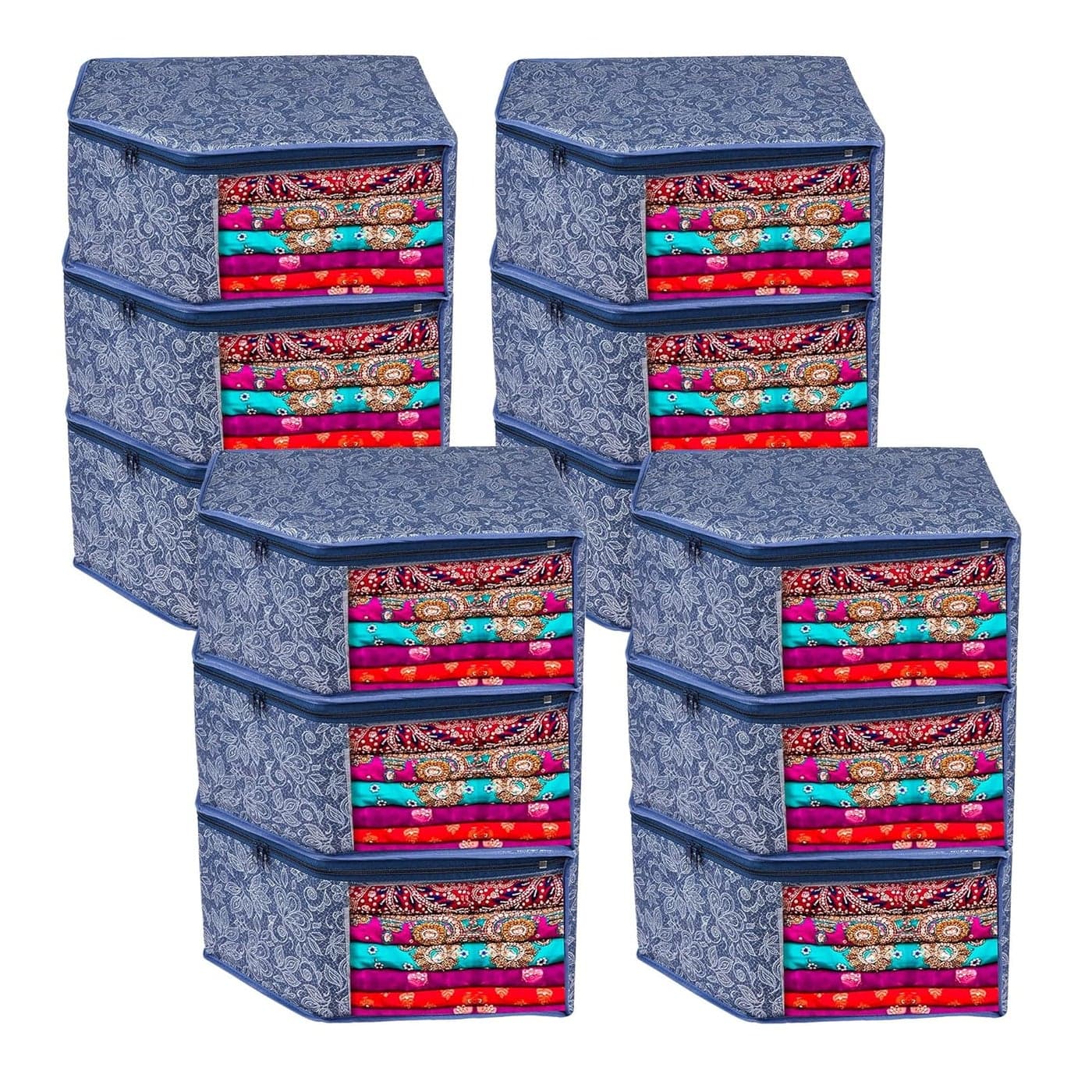 Kuber Industries Pack of 12 Blouse Storage Bag Blouse Bag for Wardrobe LightweightPortable Garments Bag Visible Window Clothes Organizer Blouse Bag for Travel Flower Printed Navy Blue