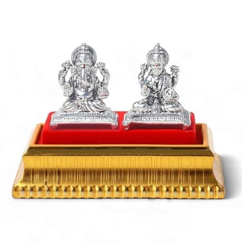 Akshat Sapphire 999 Pure Silver Lord Ganesh with Laddu & Laxmi Ji Idol with Acrylic Box for Pooja Room, Office Desk, Car Dashboard Idol | Oxidized Ganpati Laxmi Ji Murthi -Combo_ID27-ID29_1