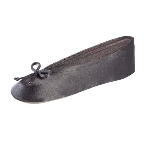 isotoner Women's Classic Stretch Satin Ballerina Slippers with Bow Tie and Leather Sole, Mineral, 5-6
