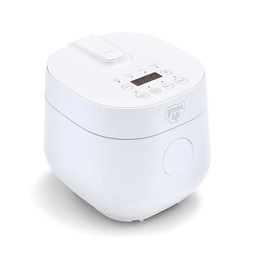 GreenLife Digital Rice & Beans Cooker, 2-Cups Uncooked/4-Cups Cooked, Removable Nonstick Ceramic PFAS-Free Pot, One-Touch Presets, Oats, Quinoa, Brown Rice, Auto Keep Warm, Fuzzy Logic Tech, 1.5 QT, White