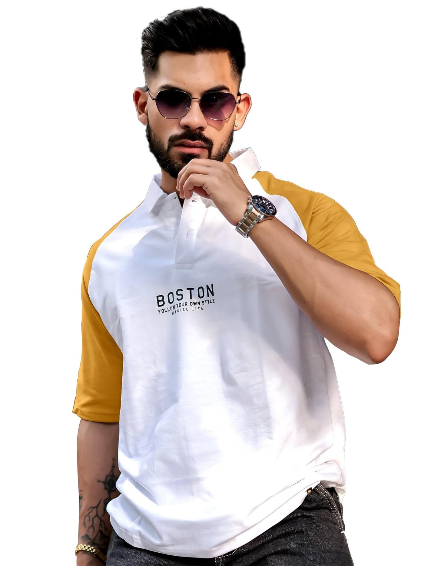 Maniac Mens Printed Raglan Polo Neck Half Sleeve White and Mustard Cotton Oversized T-Shirt