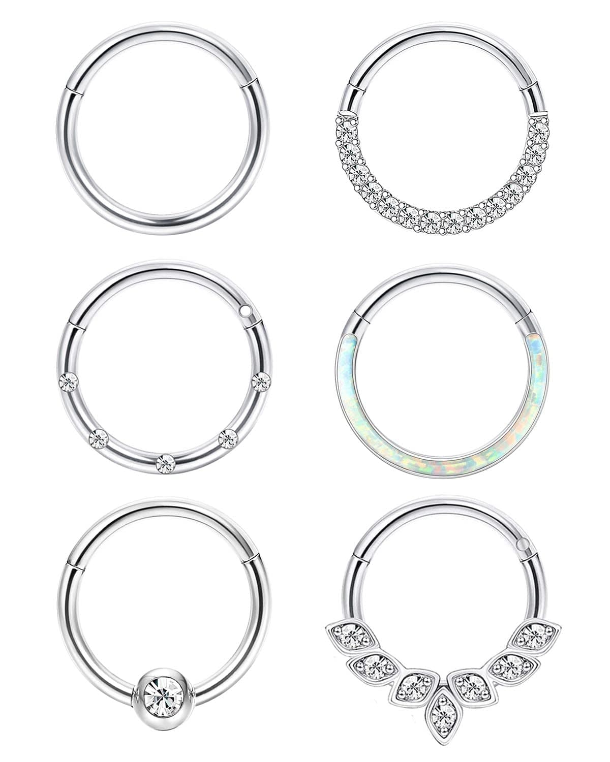 Jstyle 6Pcs 16G 18G Septum Rings Surgical Steel Nose Rings Hoop for Women Opal CZ Daith Cartilage Hoop Earring Clicker Septum Jewelry Hinged Hoop Nose Ring Helix Rook Tragus Piercing Jewelry 16G 8mm