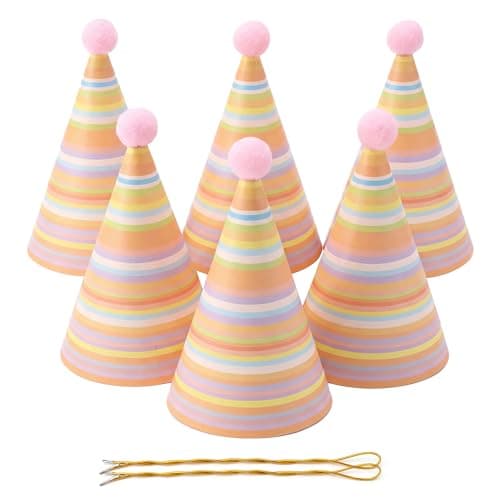 Vesil Pink Birthday Party Hats for Girls 6 Pack Pink Cone Hat for Adults Pets and Stuffed Animals 67 Inch Tall Self Locking Striped Celebration Accessories with Pom Poms